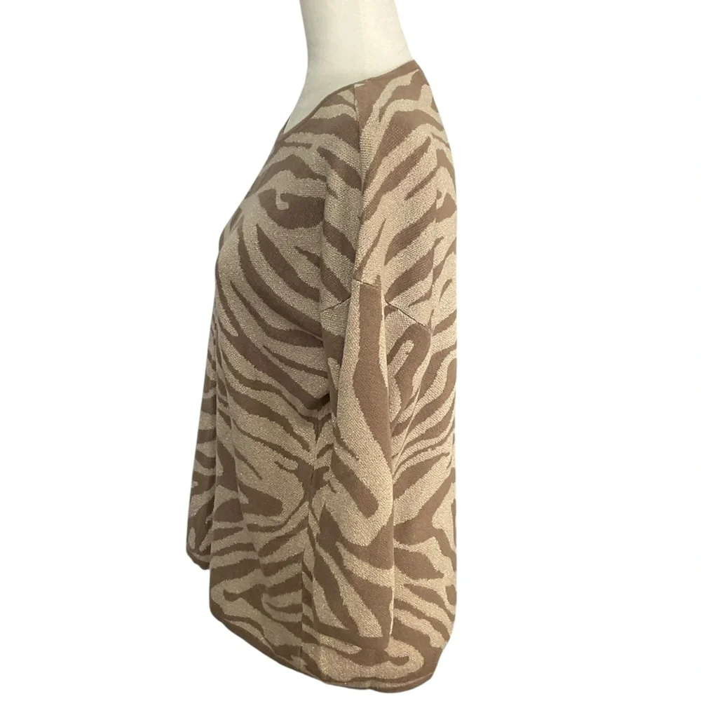 Chico's Tan and Brown Zebra Print Gold Metallic Accent Crewneck Sweater Size M